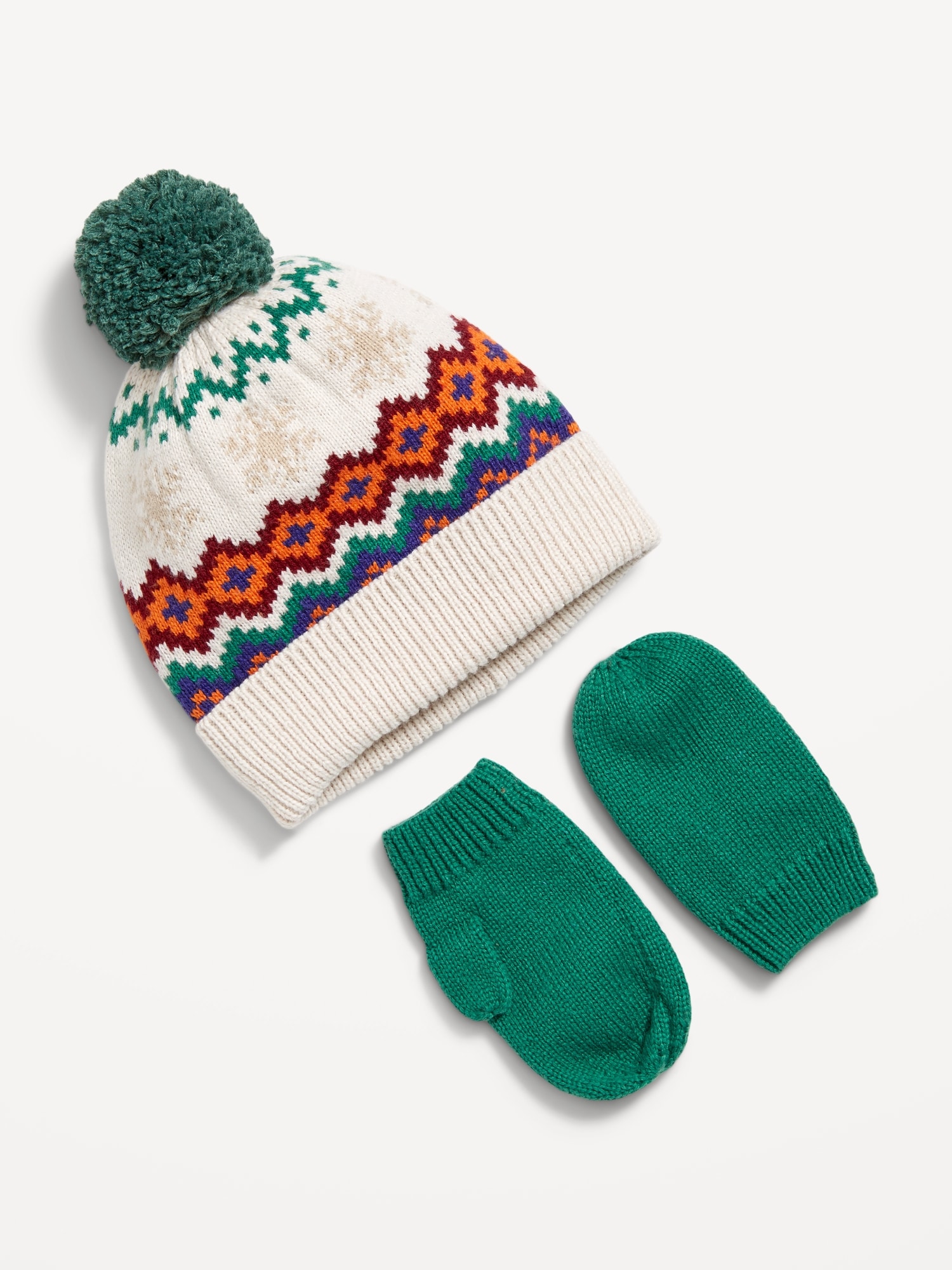 Fair Isle Pom Pom Beanie and Mittens Set for Toddler Boys