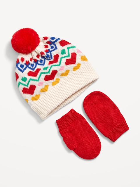 Ensemble de bonnet à pompon et mitaines pour toute-petite fille