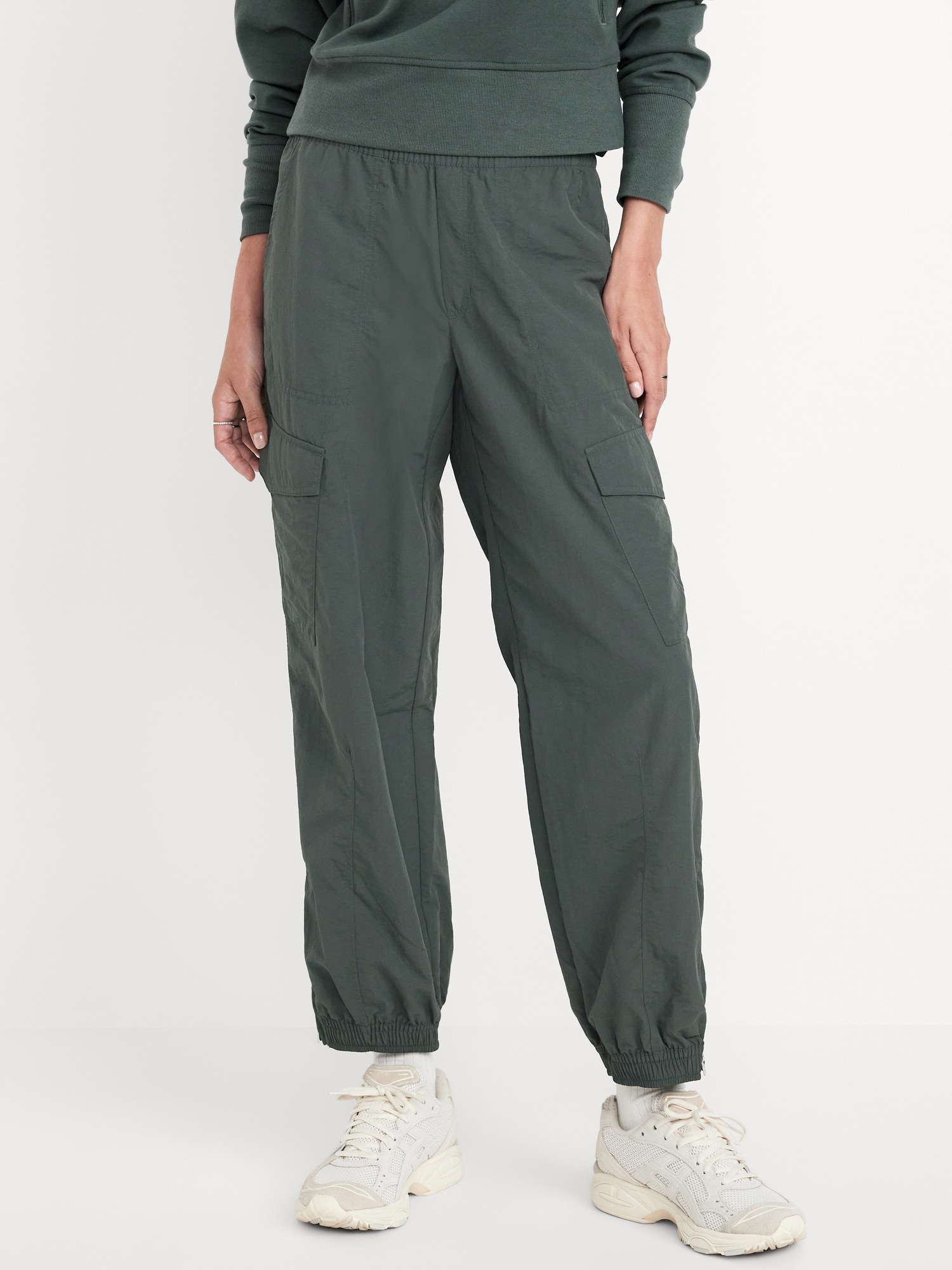 High-Waisted Ankle-Zip Cargo Joggers - Green