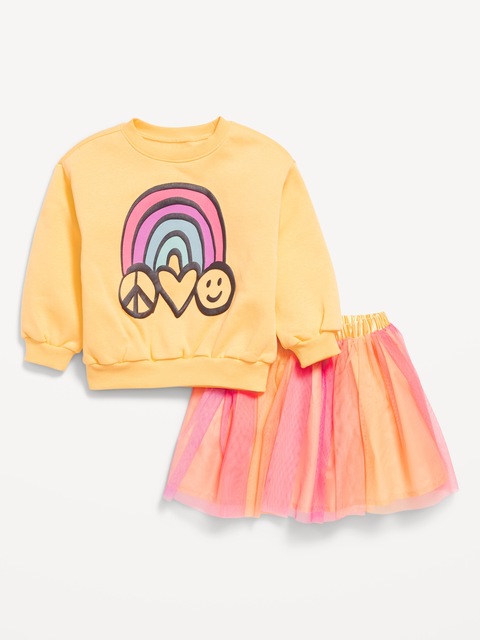 Ensemble chandail en coton ouaté ras du cou à imprimé et jupe en tulle pour toute-petite fille