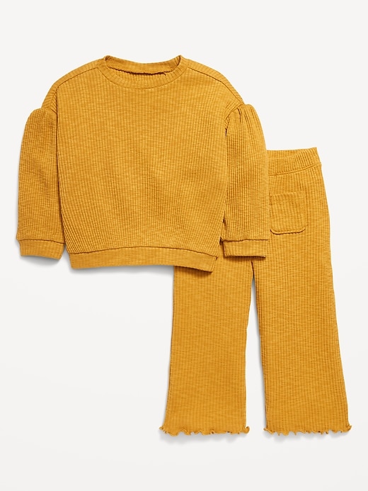 Voir une image plus grande du produit 1 de 3. Ensemble haut à manches longues en tricot côtelé et pantalon jambe large pour toute-petite fille