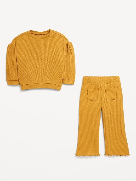 Voir une image plus grande du produit 2 de 3. Ensemble haut à manches longues en tricot côtelé et pantalon jambe large pour toute-petite fille