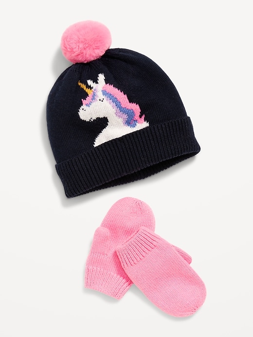 Voir une image plus grande du produit 1 de 1. Ensemble de bonnet à pompon et mitaines à imprimé pour toute-petite fille