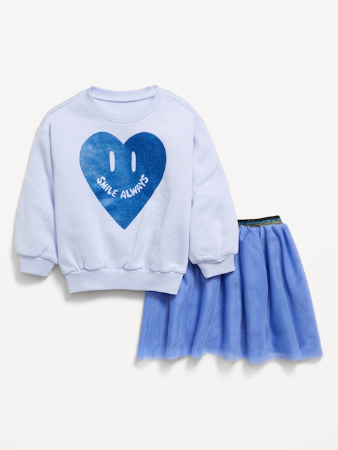 Crew-Neck Graphic Sweatshirt and Tulle Skirt Set for Toddler Girls