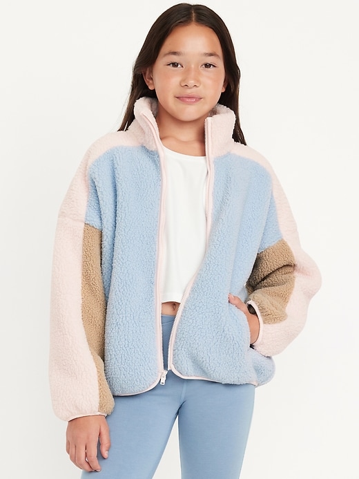 View large product image 1 of 4. Oversized Color-Block Sherpa Zip Jacket for Girls