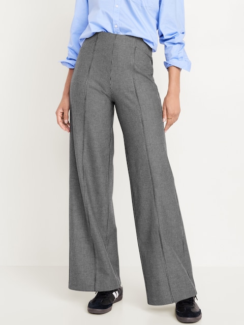 High-Waisted Pull-On Pixie Wide Leg Pants - Blk/Wht Houndstooth