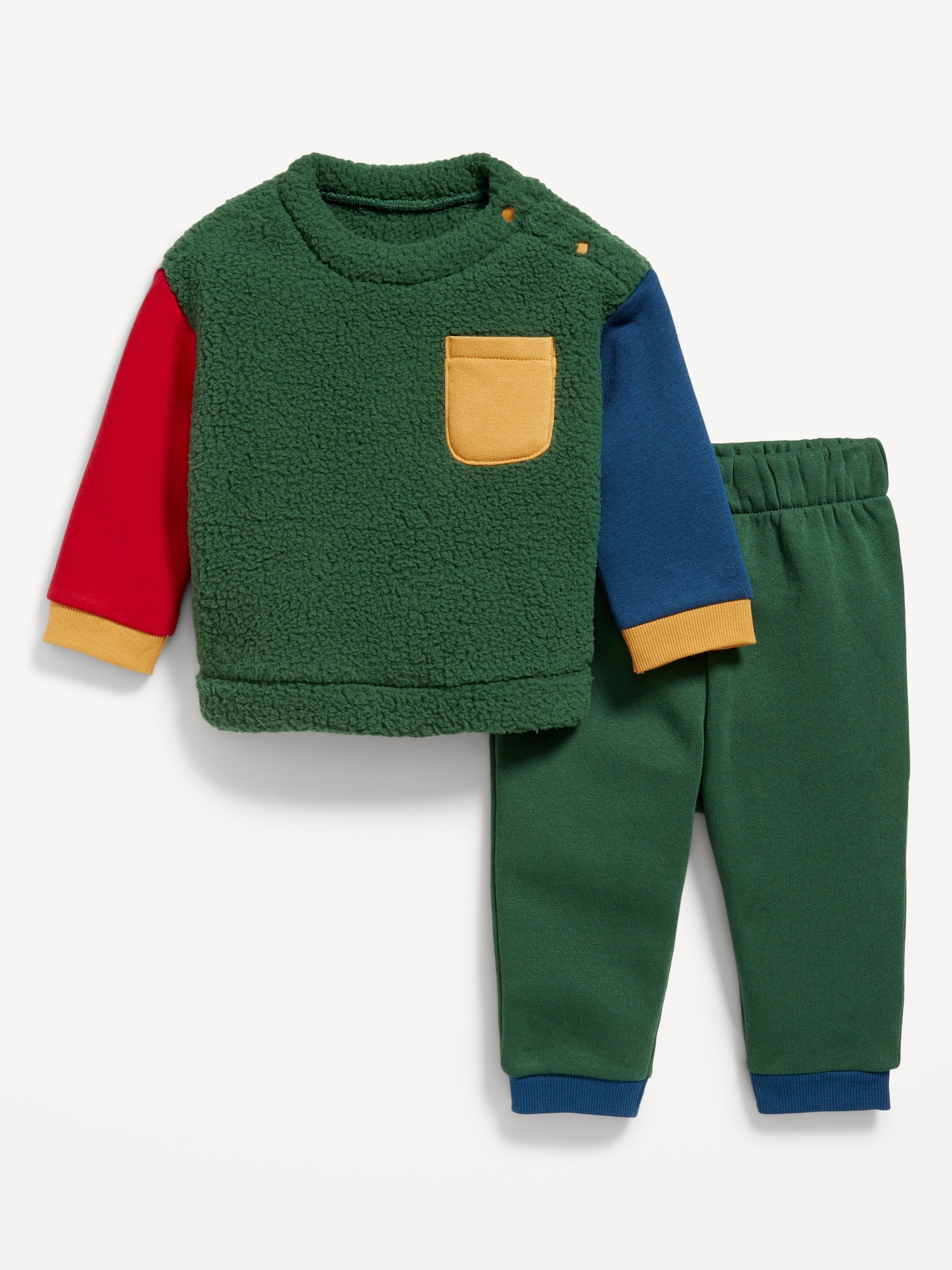 Cozy-Knit Color Block Pocket Sweatshirt and Sweatpants Set for Baby