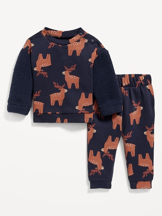 Voir une image plus grande du produit 2 de 3. Ensemble de chandail ras du cou en Sherpa à imprimé et pantalon en coton ouaté pour bébé