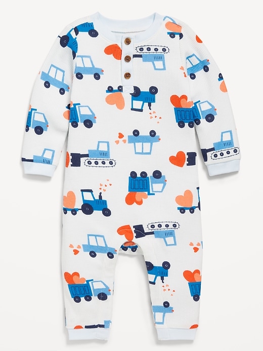 Image number 1 showing, Printed Long-Sleeve Thermal-Knit Henley One-Piece for Baby