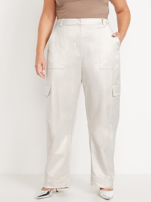 Image number 7 showing, Extra-High Waisted Satin Cargo Barrel Wide-Leg Pants