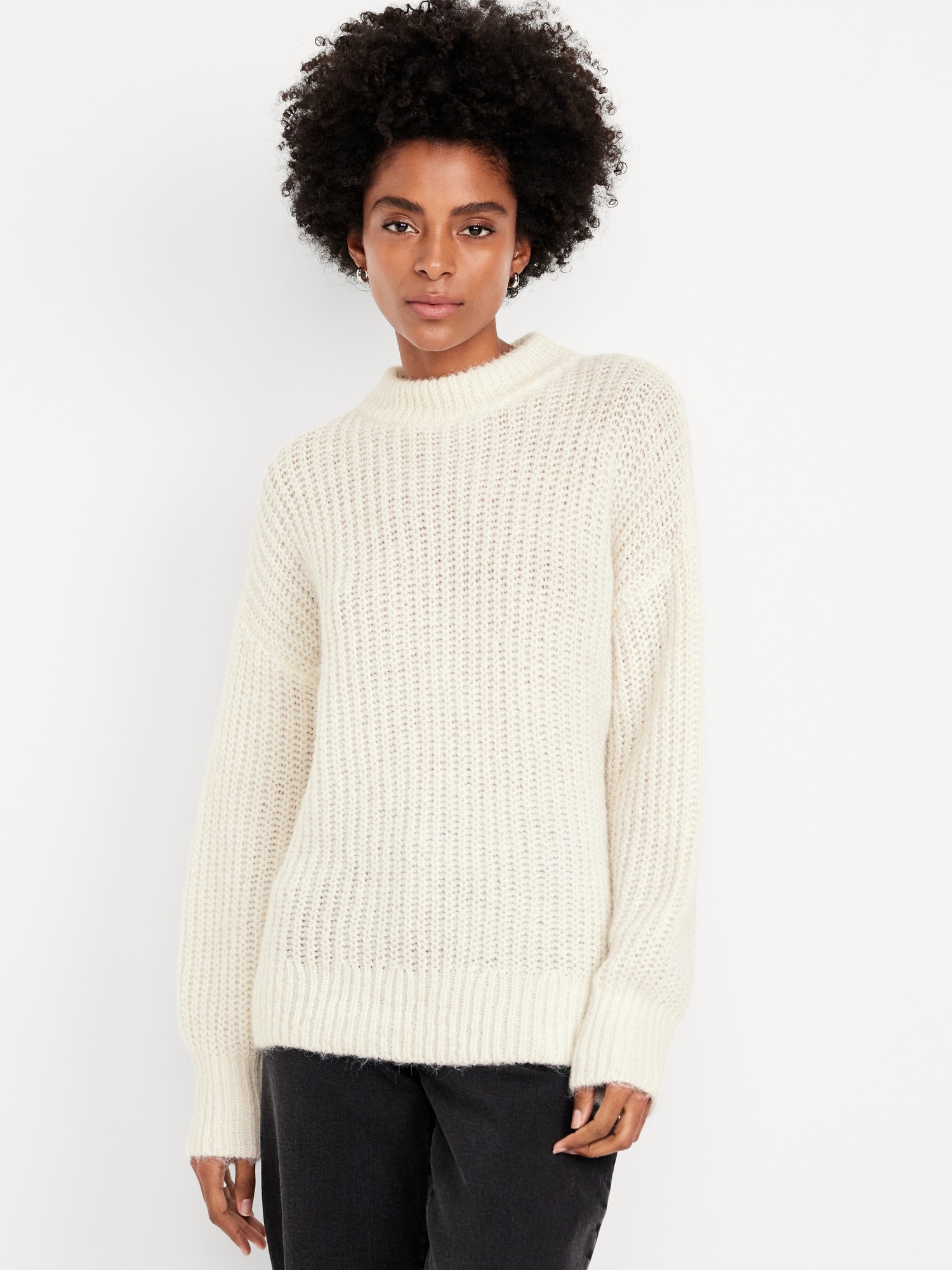 Loose Shaker-Stitch Tunic Sweater