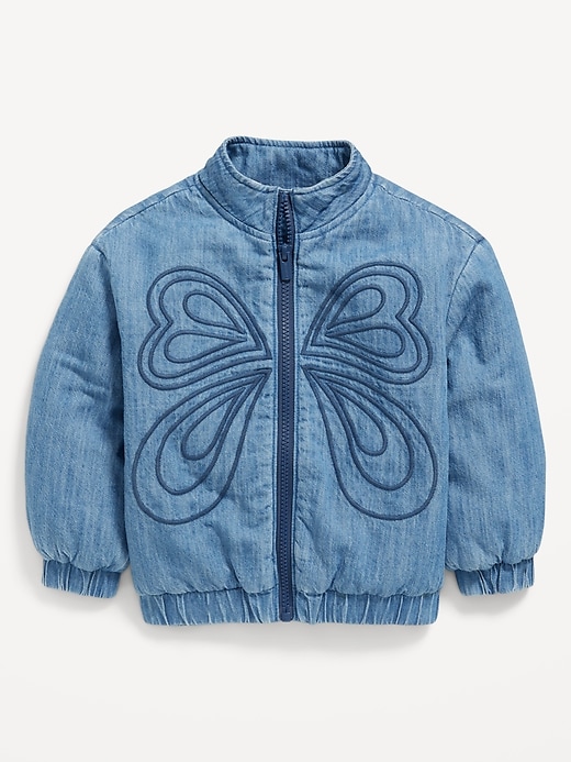 View large product image 1 of 2. Zip-Front Embroidered Jean Bomber Jacket for Toddler Girls