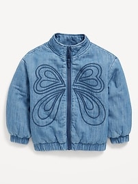 Image number 1 showing, Zip-Front Embroidered Jean Bomber Jacket for Toddler Girls