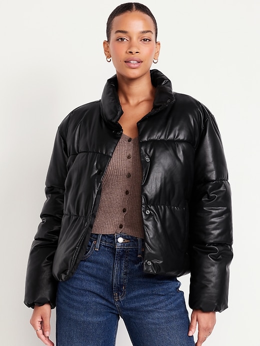 Old Navy Women s Faux Leather Puffer Jacket Black Petite Size S