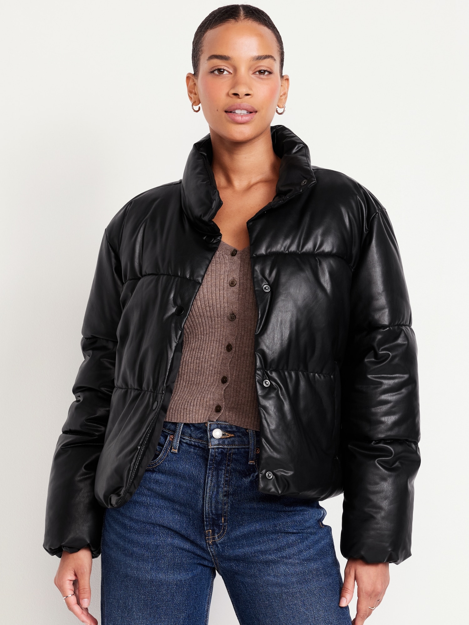 Black leather puffer jacket women's online