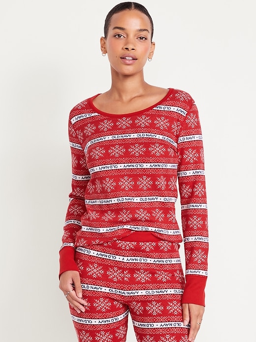 Image number 1 showing, Printed Waffle Pajama Top for Women