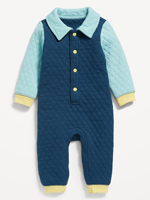 View large product image 1 of 2. Collared Color-Block Quilted Button-Front One-Piece for Baby