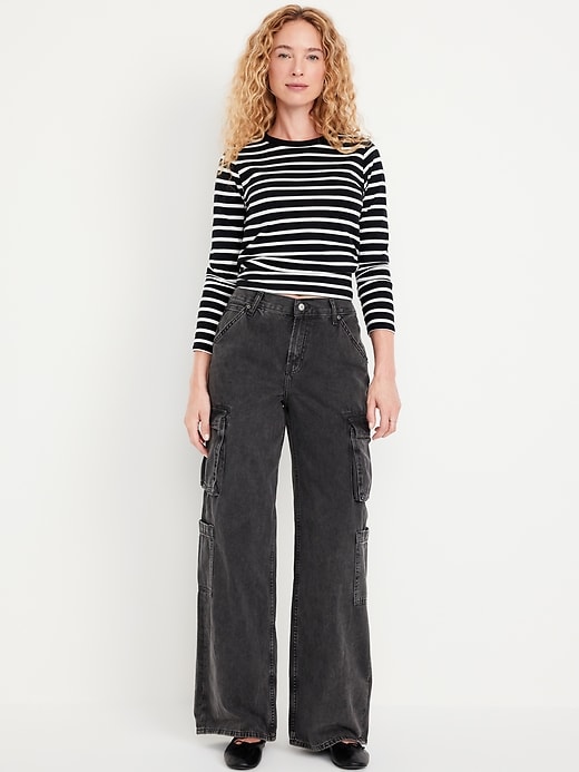 Image number 1 showing, Mid-Rise Baggy Wide-Leg Cargo Jeans