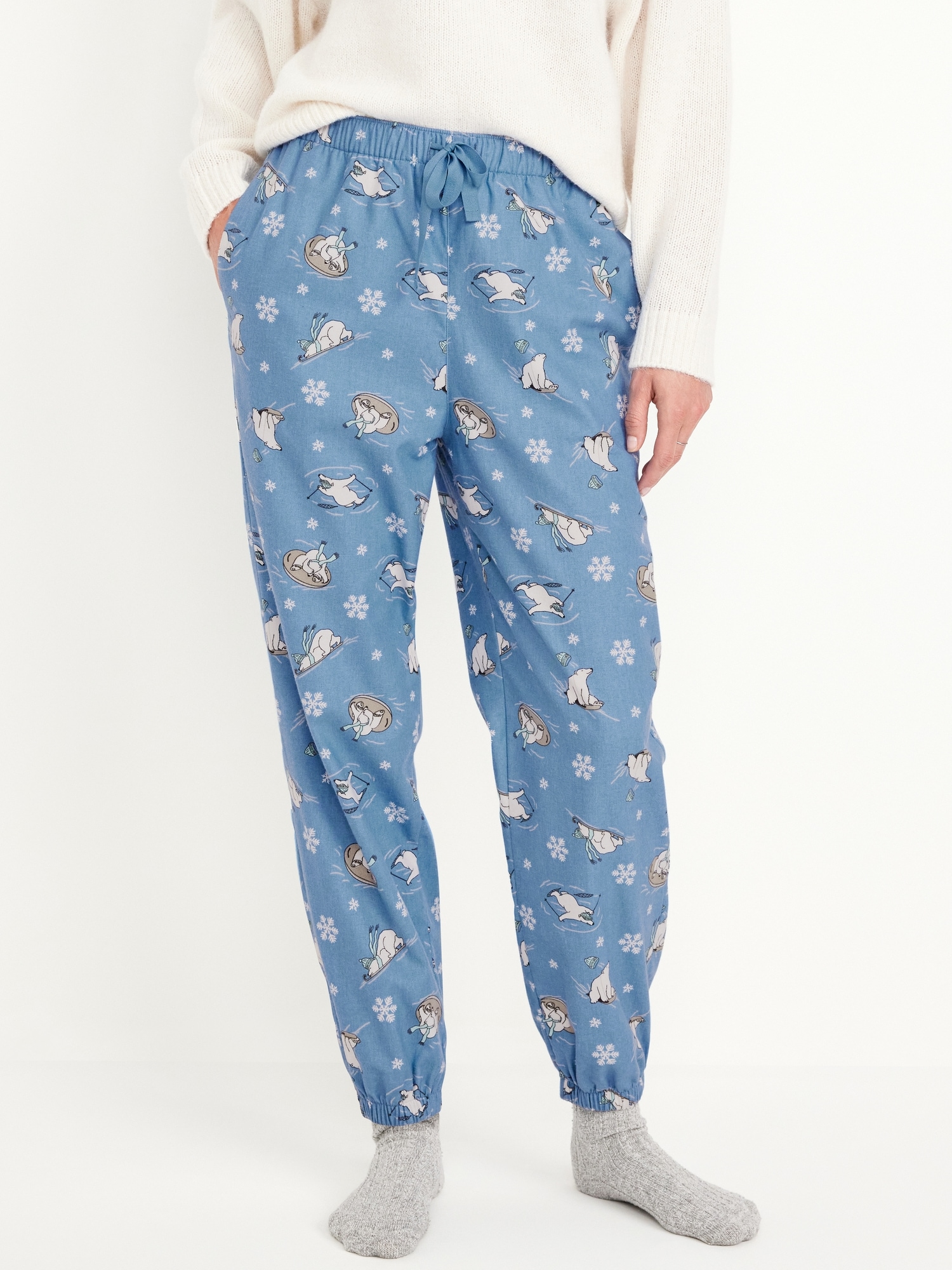 High-Waisted Flannel Pajama Joggers - Beige