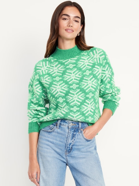 Holiday Print Mock-Neck Sweater - Green