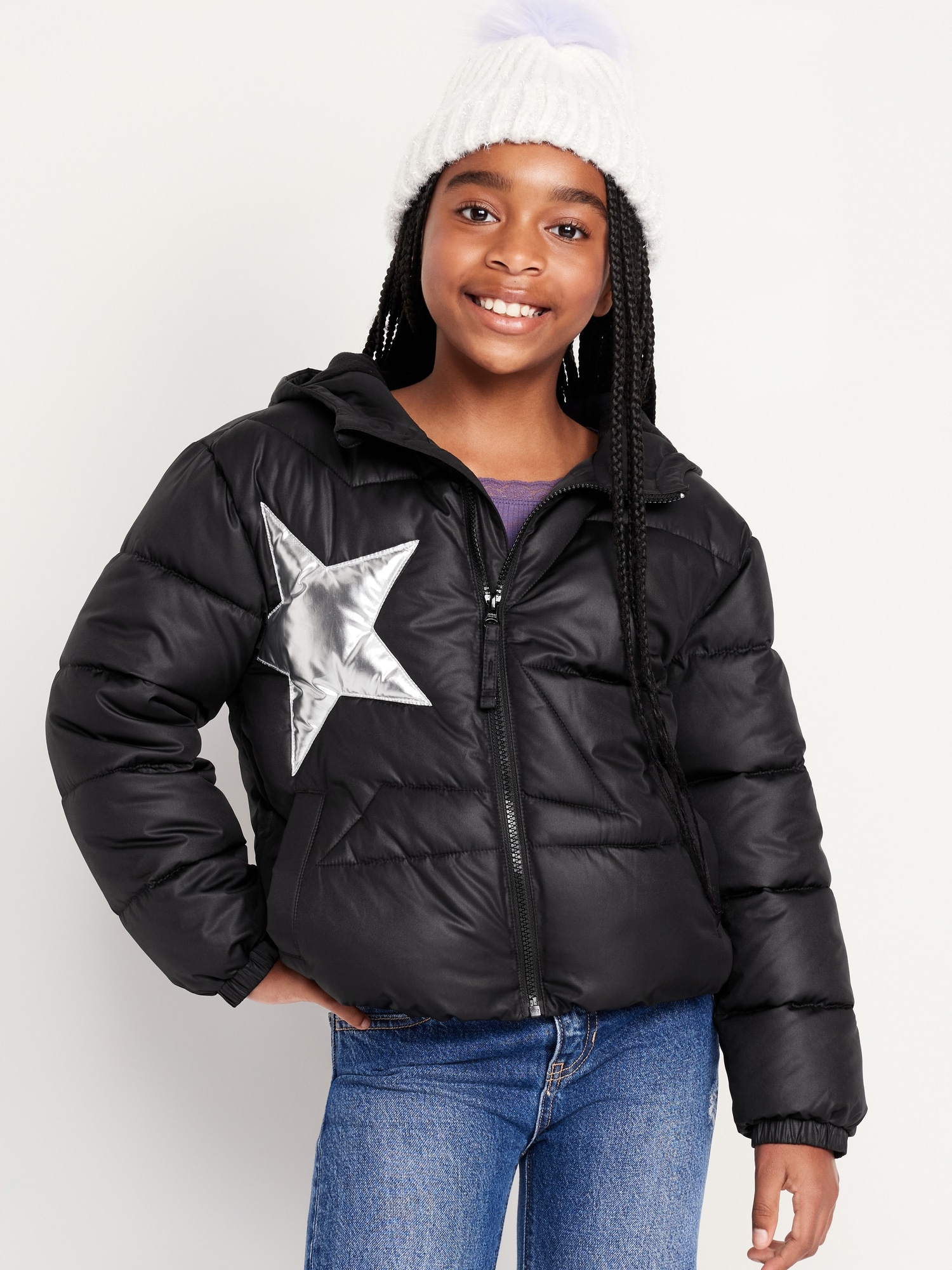 Water-Resistant Quilted Graphic Puffer Jacket for Girls - Black