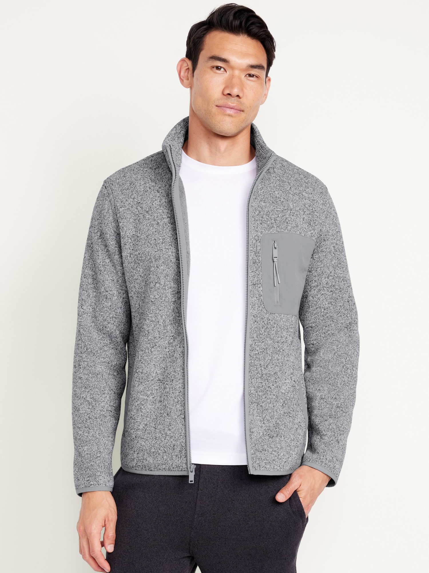 Sherpa-Lined Sweater Fleece Zip Jacket - Gray