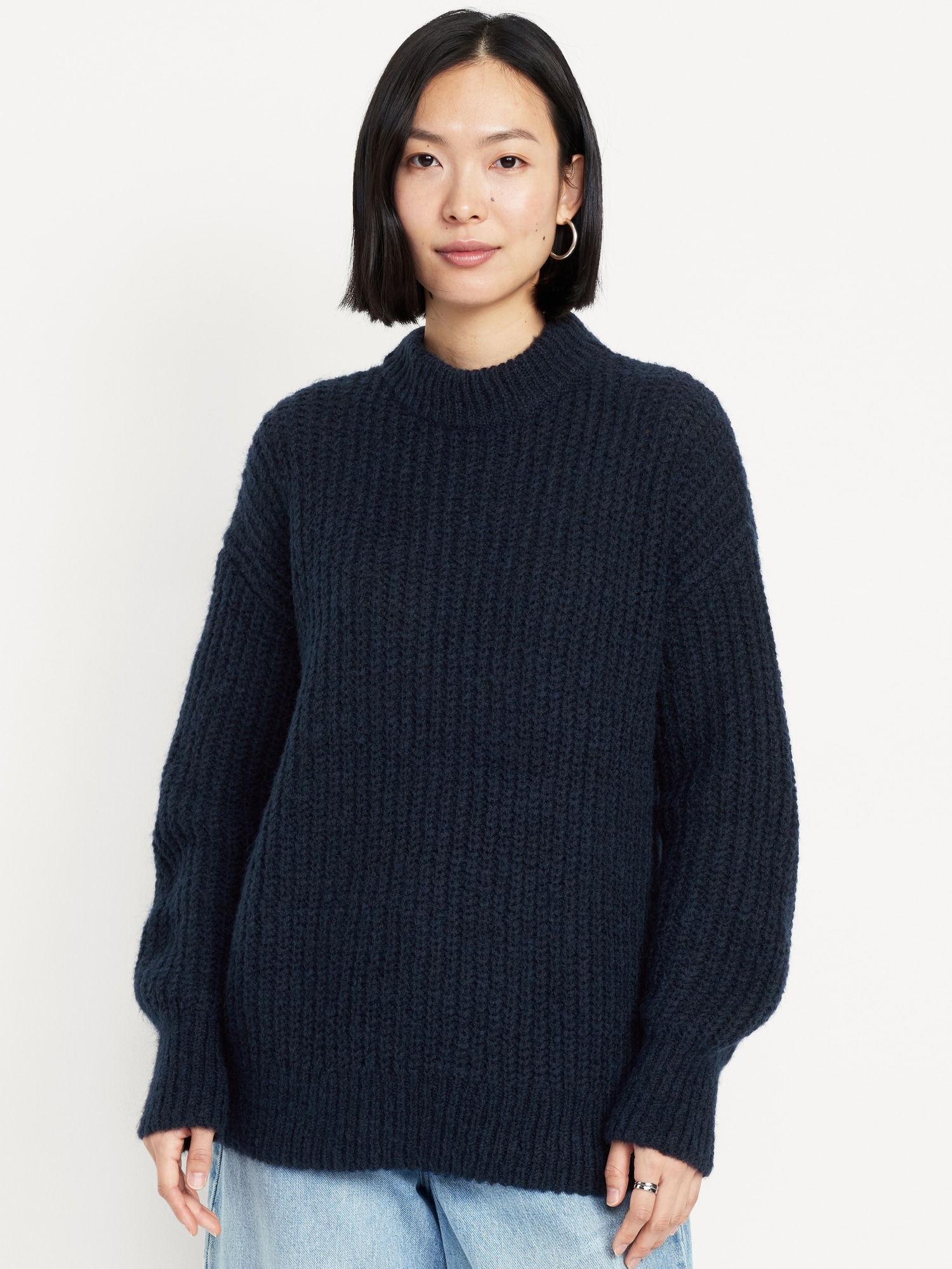 Loose Shaker-Stitch Tunic Sweater