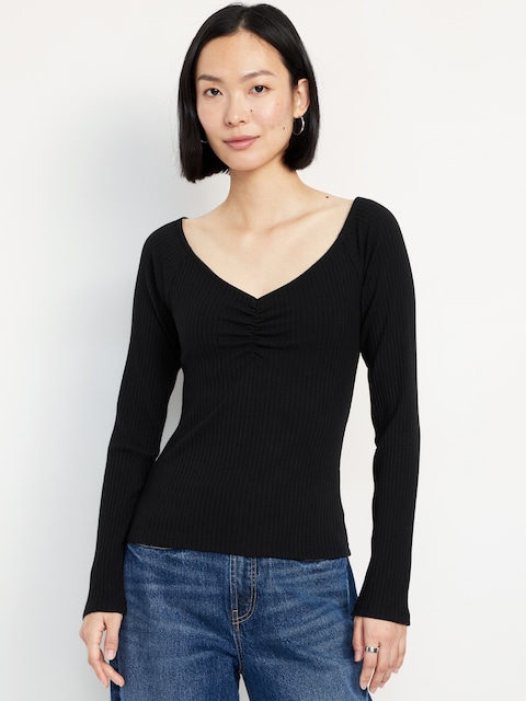 Cinched Rib-Knit Top - Black