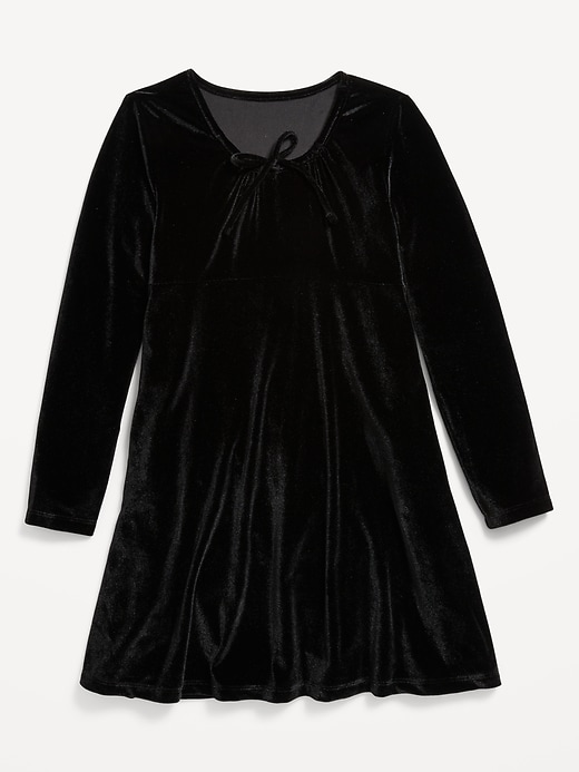 View large product image 1 of 2. Long-Sleeve Tie-Neck Velvet Swing Dress for Girls