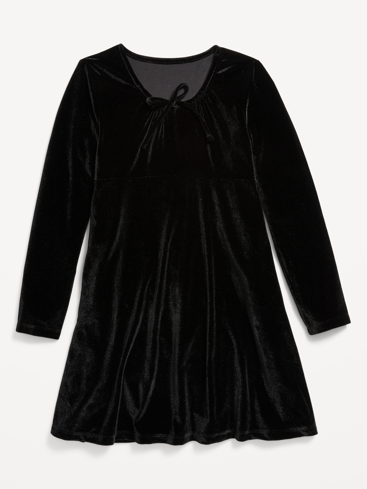 Long-Sleeve Tie-Neck Velvet Swing Dress for Girls