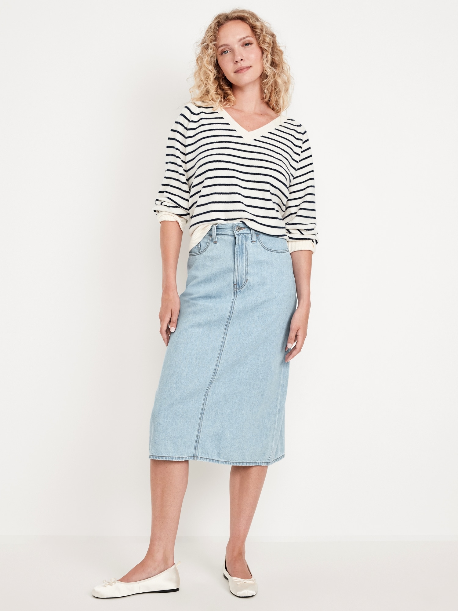 High-Waisted Wow Jean Midi Skirt