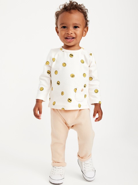 Printed Buttoned-Pocket T-Shirt and Cozy-Knit Pants Set for Baby - Smiley Yellow