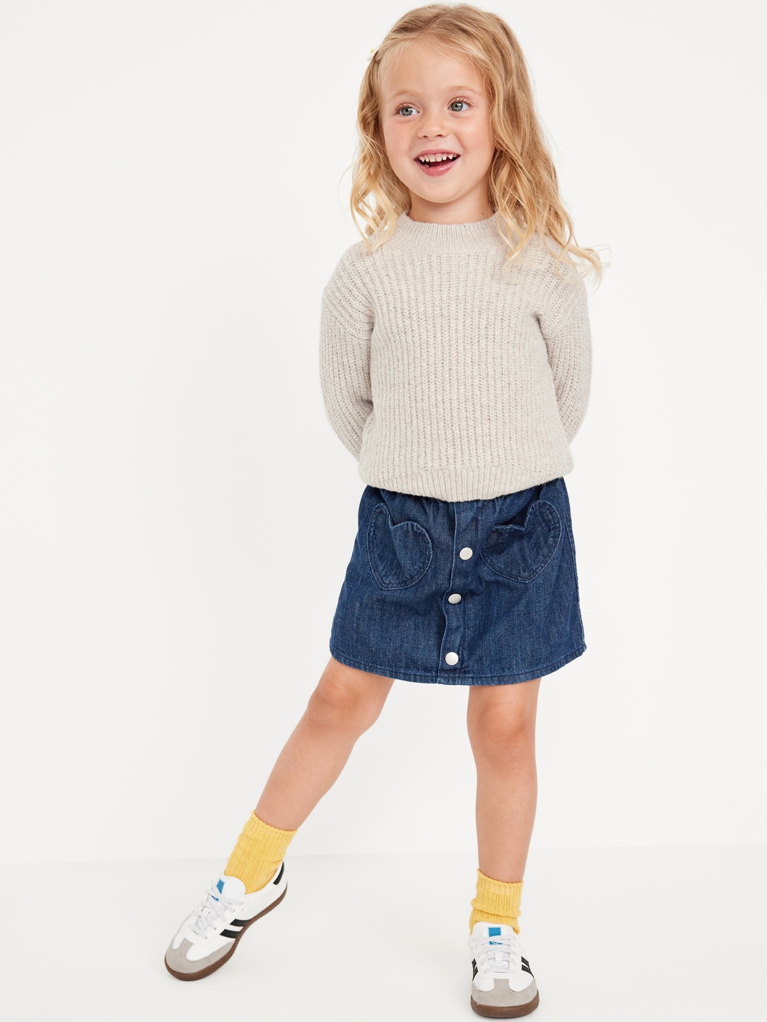 Button-Front Heart-Pocket Jean Skirt for Toddler Girls