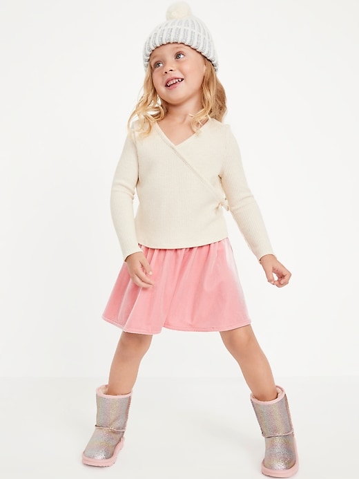 View large product image 1 of 4. Long-Sleeve Ribbed Wrap-Front Top and Velvet Skirt Set for Toddler Girls