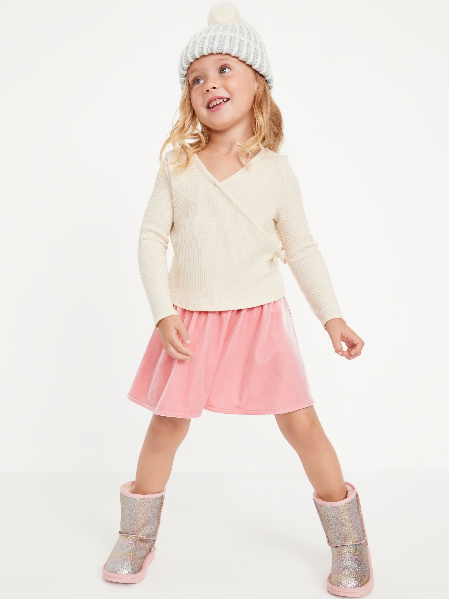 Long-Sleeve Ribbed Wrap-Front Top and Velvet Skirt Set for Toddler Girls