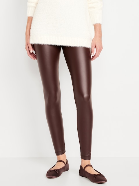 High-Waisted Faux-Leather Fashion Layering Leggings - Brown