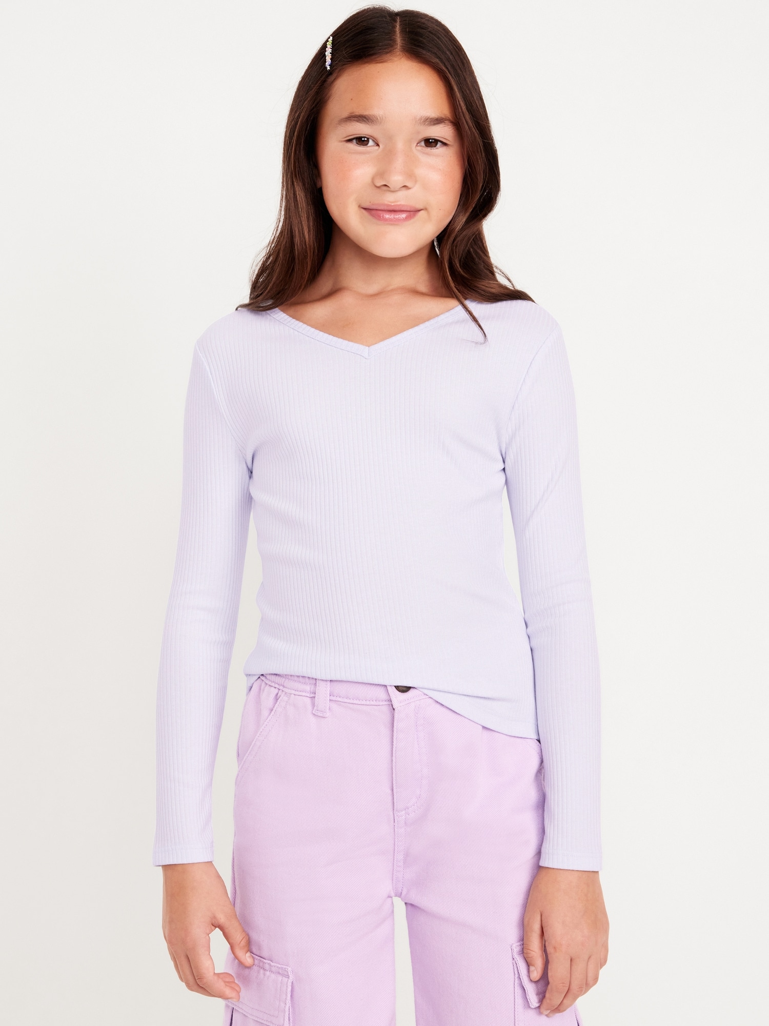 Long-Sleeve Ribbed V-Neck Top for Girls