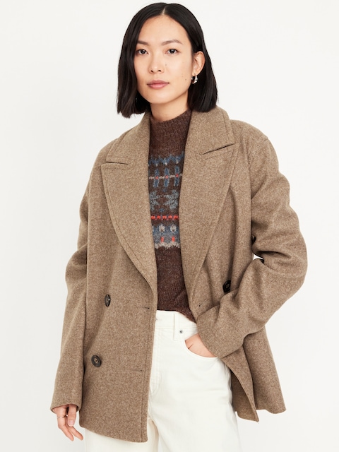Oversized Double-Breasted Pea Coat - Brown