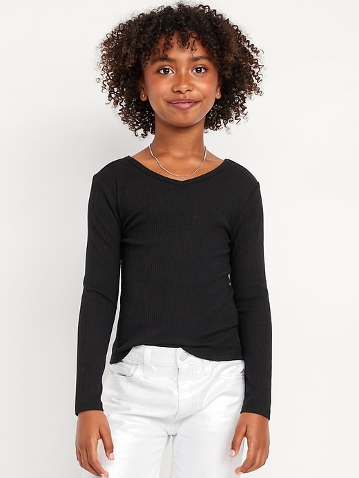 View large product image 1 of 4. Long-Sleeve Ribbed V-Neck Top for Girls