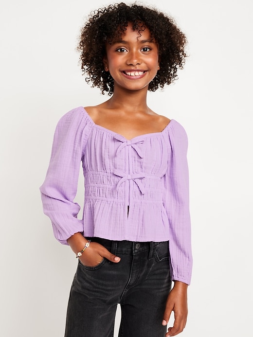 View large product image 1 of 4. Long-Sleeve Double-Weave Bow Top for Girls