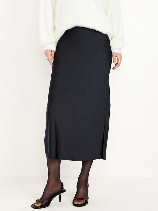 Image number 1 showing, High-Waisted Satin Midi Slip Skirt