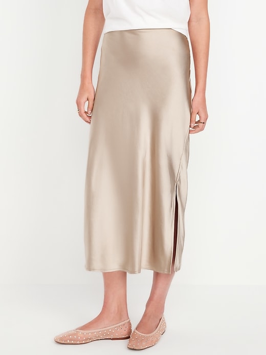 Image number 1 showing, High-Waisted Satin Midi Slip Skirt