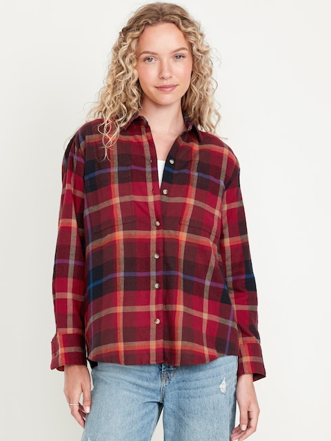 Flannel Boyfriend Button-Down Shirt - Red