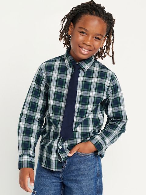 Printed Long-Sleeve Pocket Shirt and Tie Set for Boys - Green/Blue Plaid