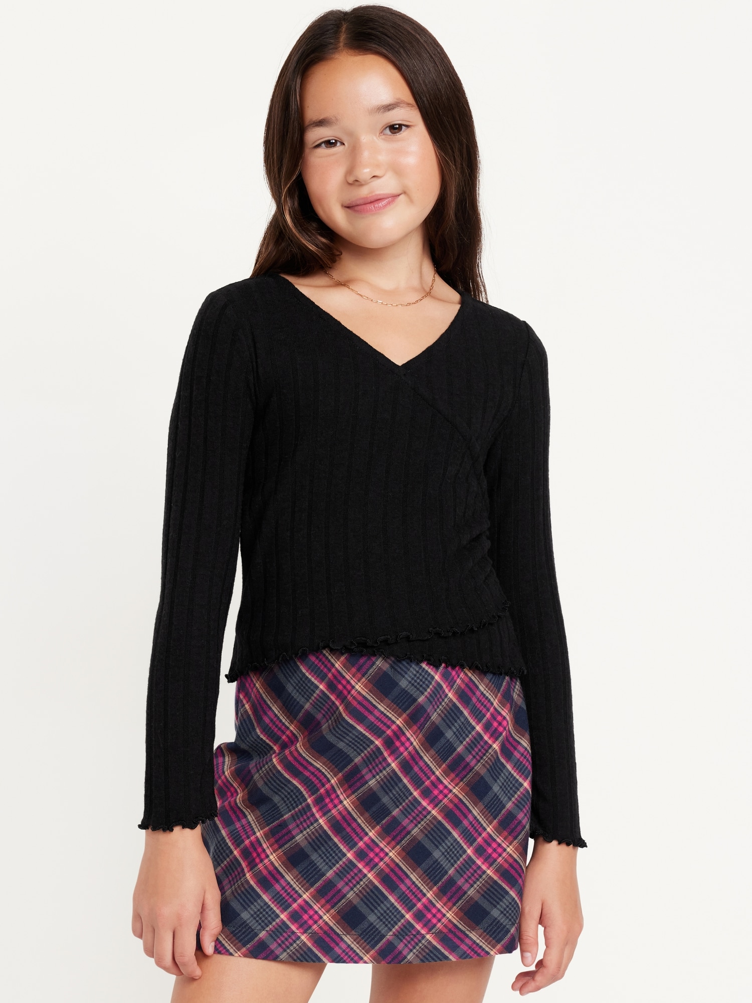 Cozy Wrap-Front Ribbed Top for Girls