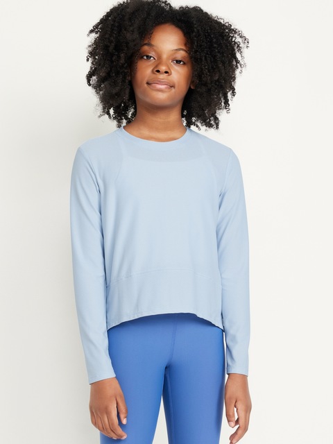 Long-Sleeve Curved-Hem Performance Top for Girls - Blue