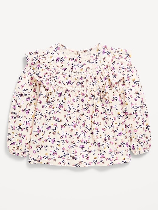 View large product image 1 of 1. Long-Sleeve Ruffle-Trim Crepe Top for Toddler Girls