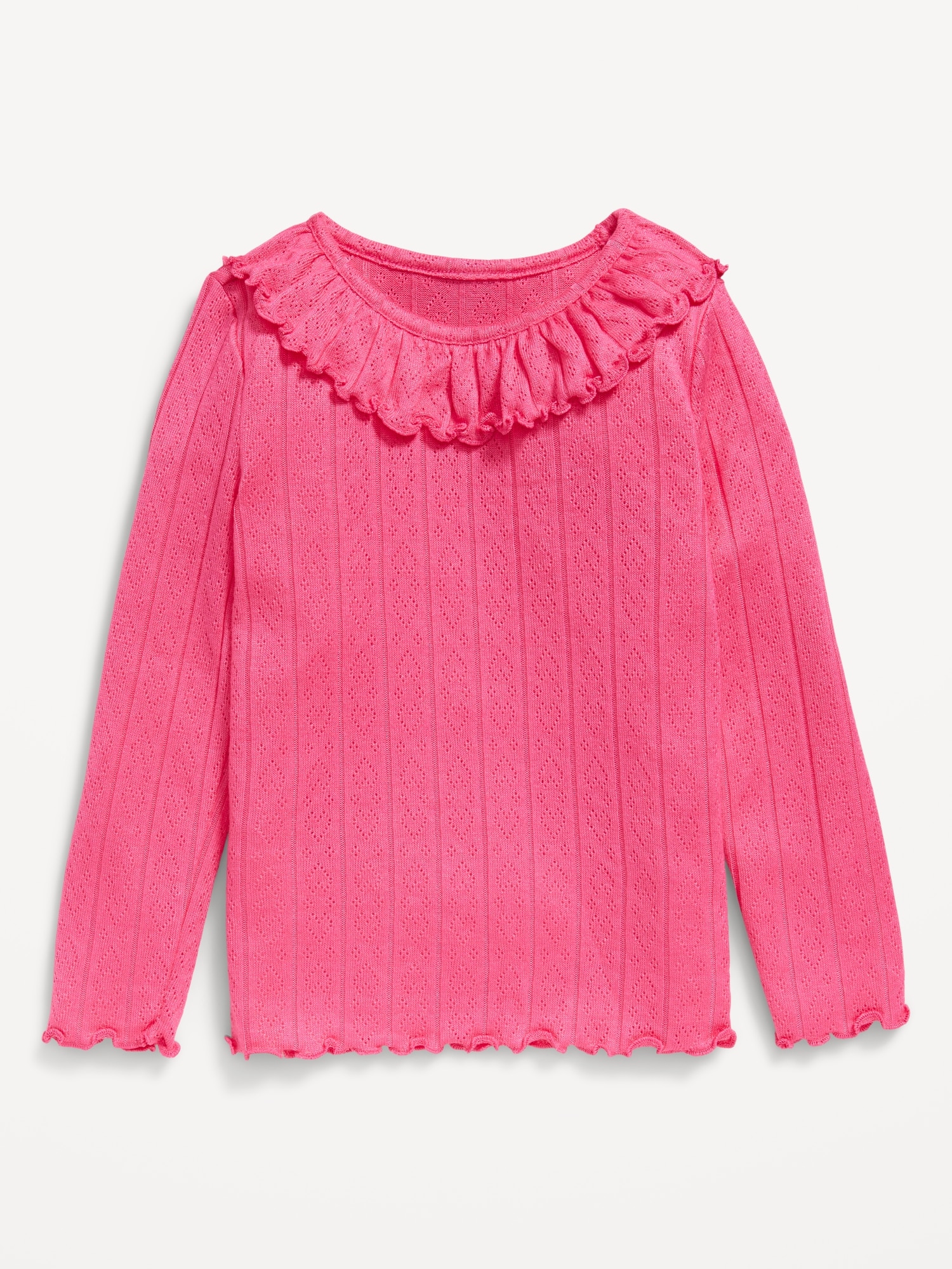 Long-Sleeve Ruffle-Trim Pointelle-Knit Top for Toddler Girls