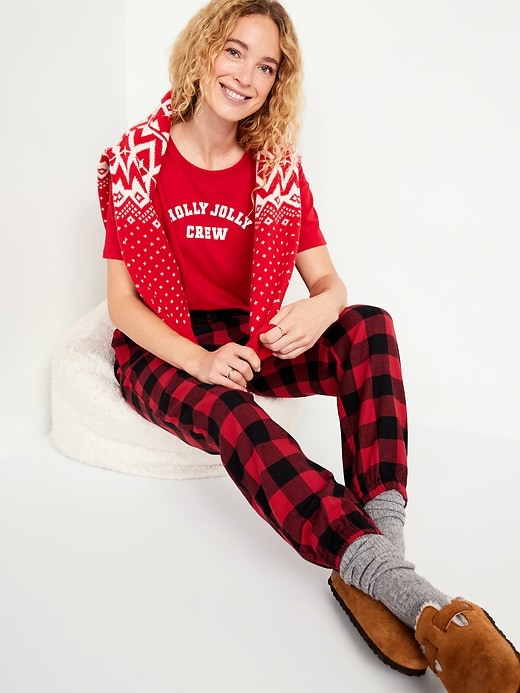 Image number 3 showing, High-Waisted Flannel Pajama Joggers for Women