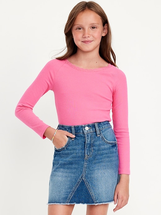 View large product image 1 of 4. Long-Sleeve Ribbed Lace-Trim Top for Girls